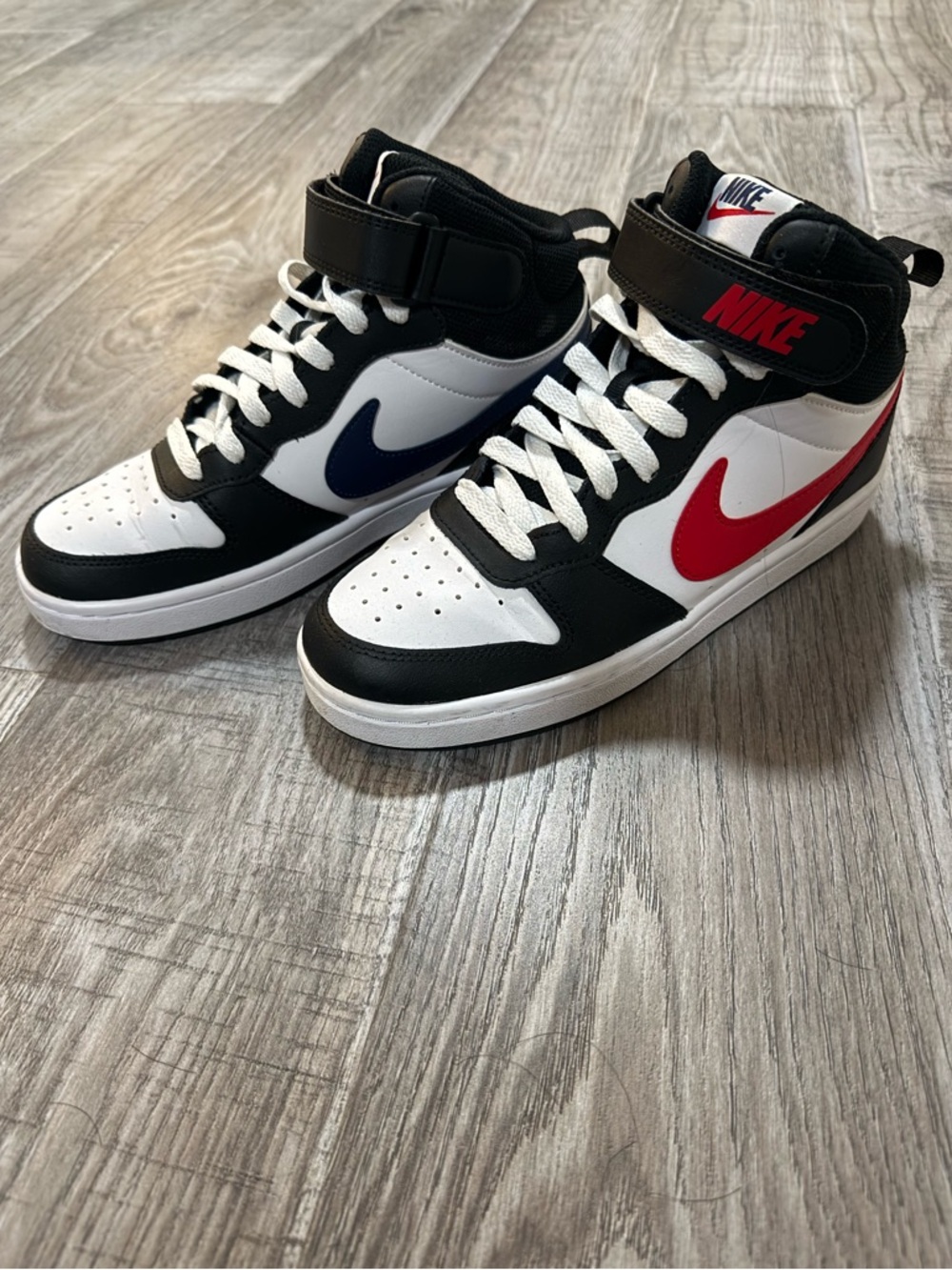 Nike High-Top Sneakers – Black, White, Red & Navy Swooshes